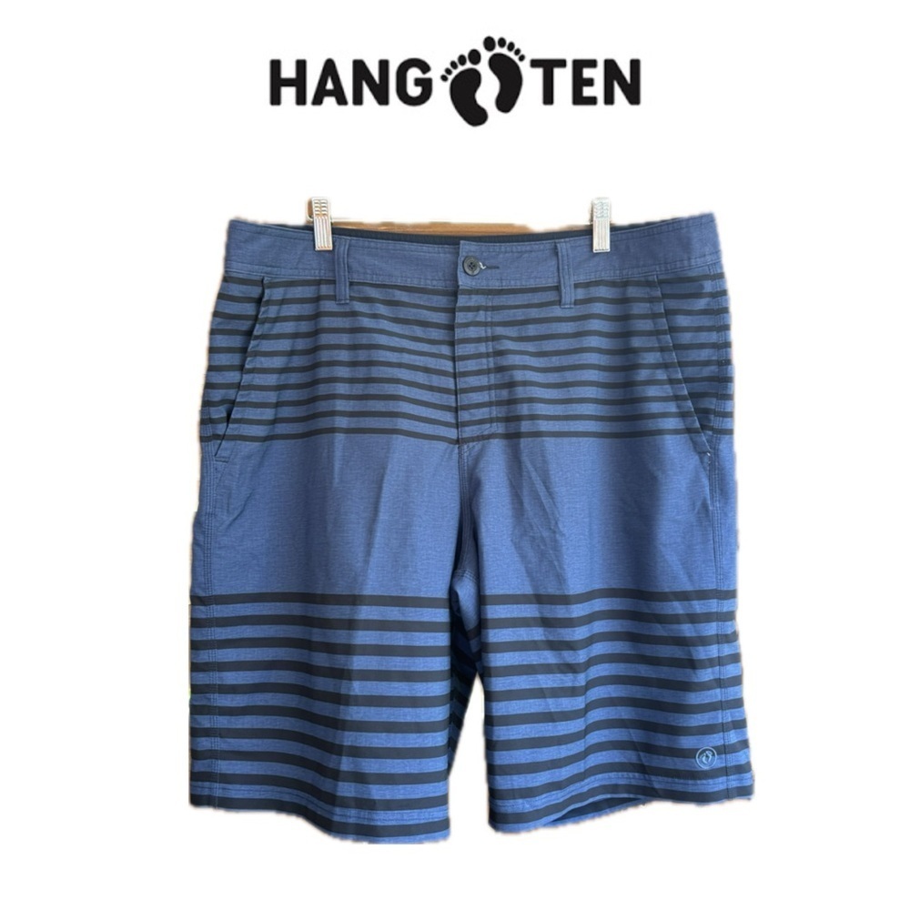 Hang Ten Navy and Black Striped Board Shorts Zip up Pockets Mens Size 38